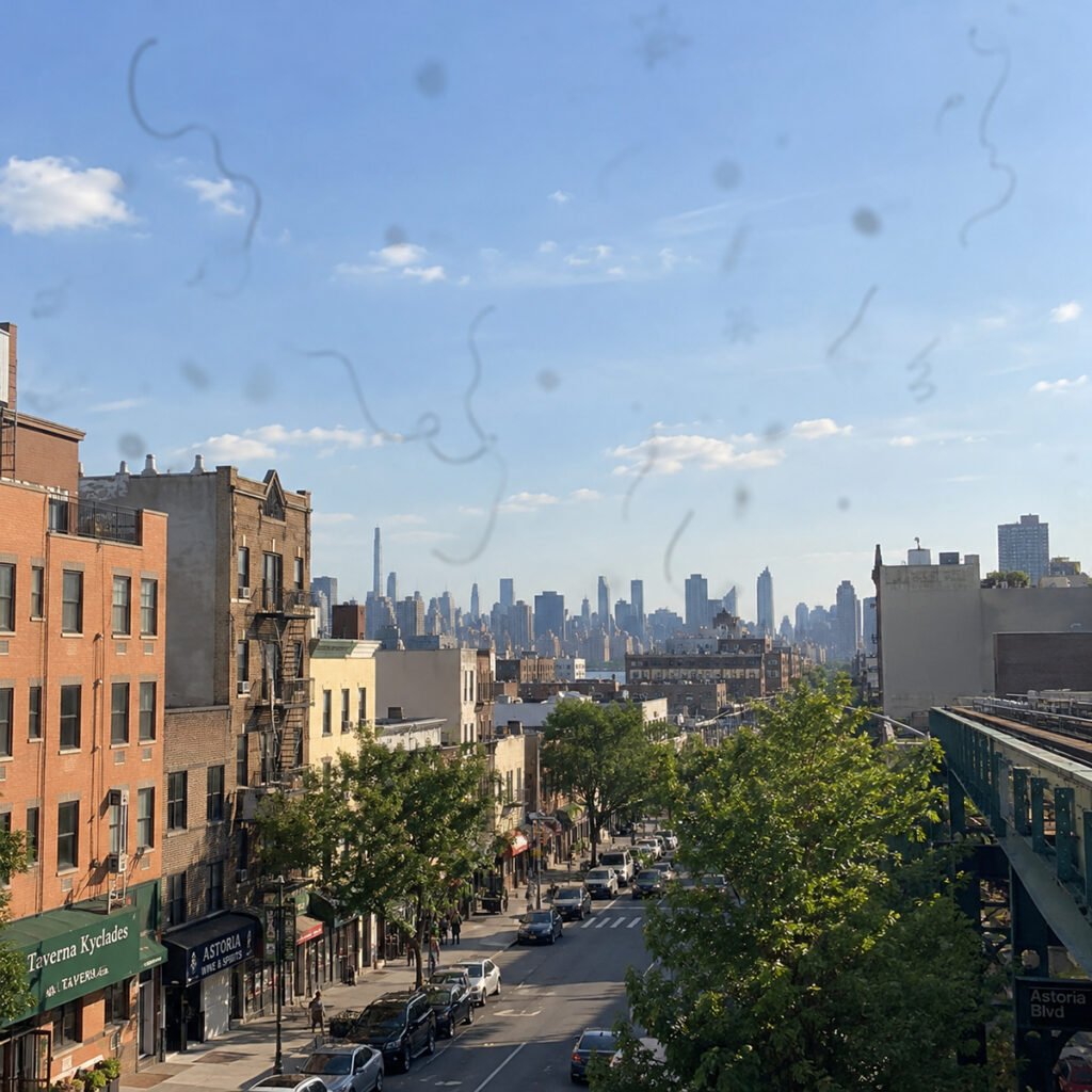 Queens street scene with floaters drifting across the sky, showing how floaters can look