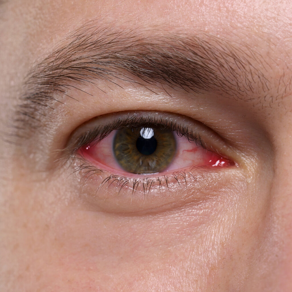 Close-up of a red, bloodshot eye